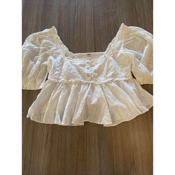 Free People Leave It To Me Babydoll Top Blouse Puff Sleeves in Ivory Size Small - Picture 4 of 10
